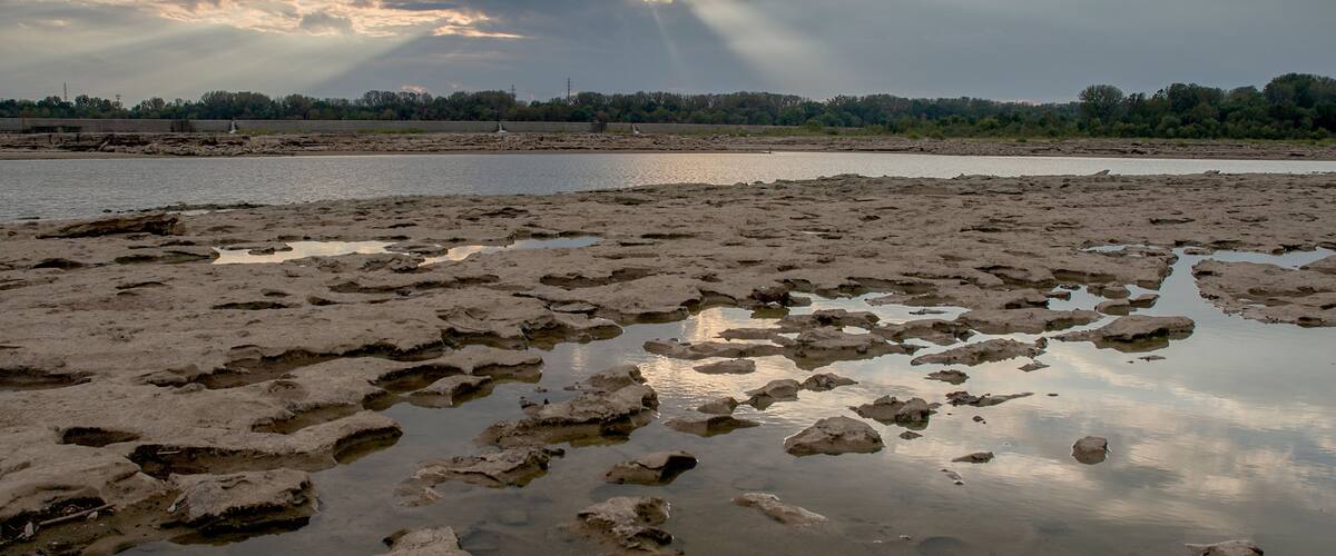 A riverbank with exposed rock formations and a distant tree line under a cloudy sky.