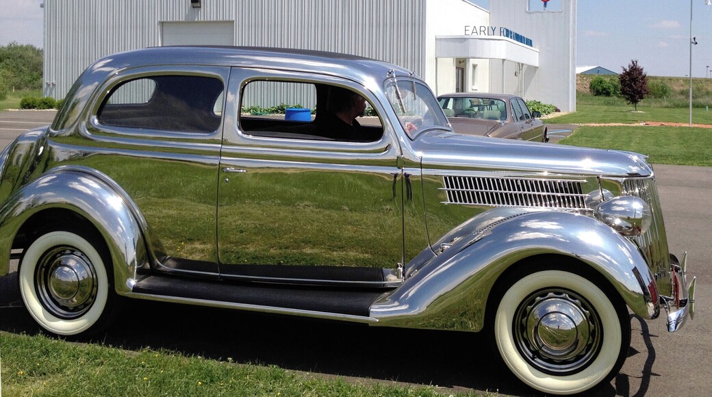 Saw this at the Early Ford V-8 Museum in Auburn, IN! This beautiful Stainless Steel 1936 Ford Tudor Deluxe Touring Sedan is one of six cars made for the Allegheny Ludlum Steel Company by the Ford Motor Company at the end of the 1936 production. Each of the six cars were driven over 200,000 miles and retired in 1946. This is the only one of the four remaining 1936 Ford stainless steel cars that has been restored and is in private hands. It is on display at the museum for a limited time and is an awesome site!