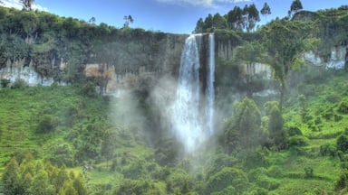 A waterfall cascading down a lush, green hillside with dense vegetation and a clear sky.