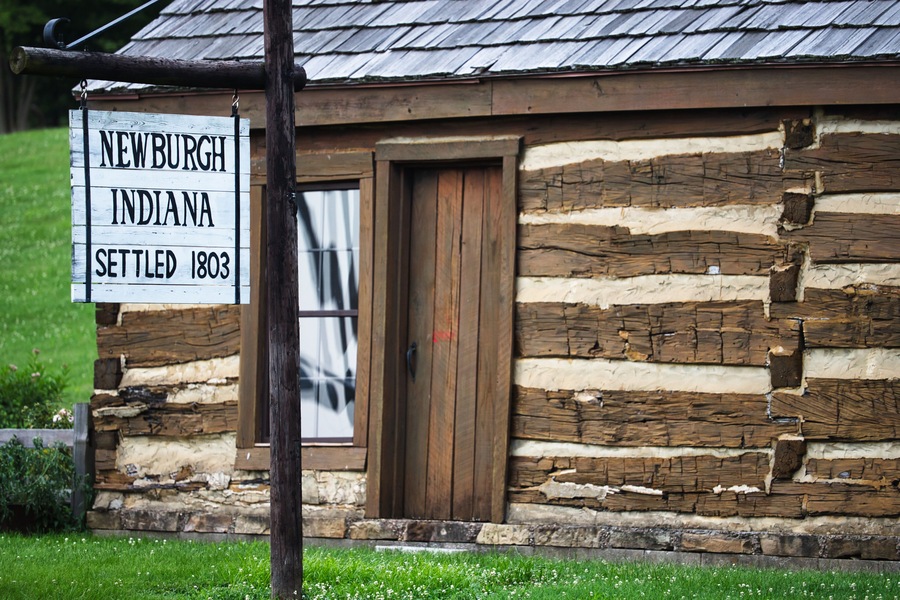 Newburgh, Indiana / USA - June 30 2019: historical cabin on the Rivertown Trail