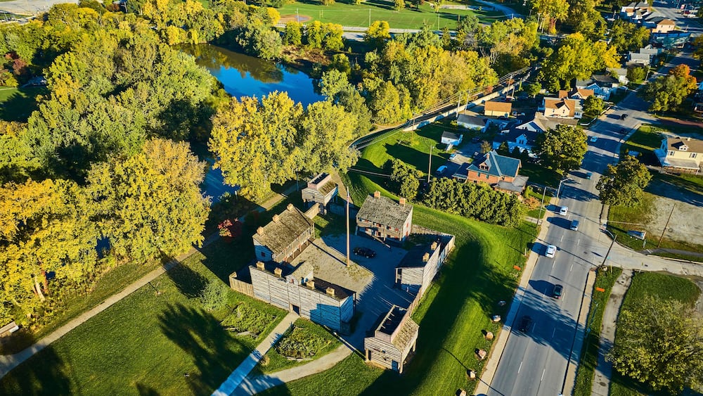 Aerial View of Historical Fort Amidst Suburban Homes and Greenery
