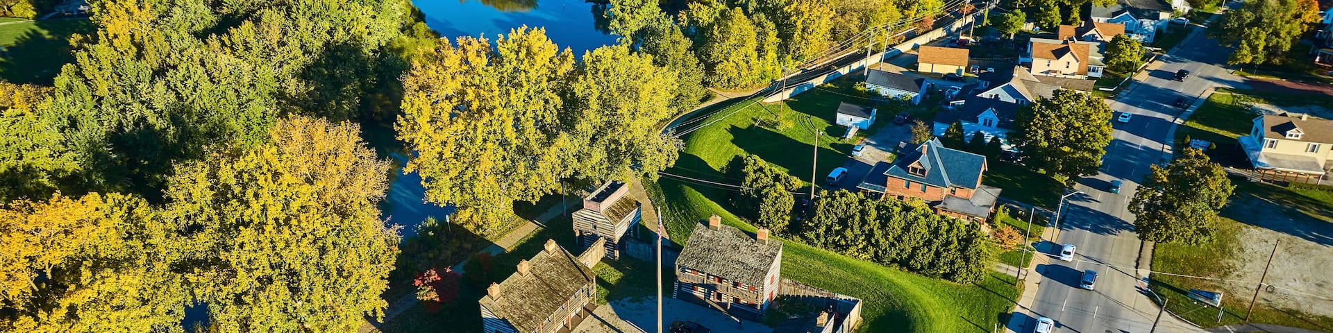 Aerial View of Historical Fort Amidst Suburban Homes and Greenery