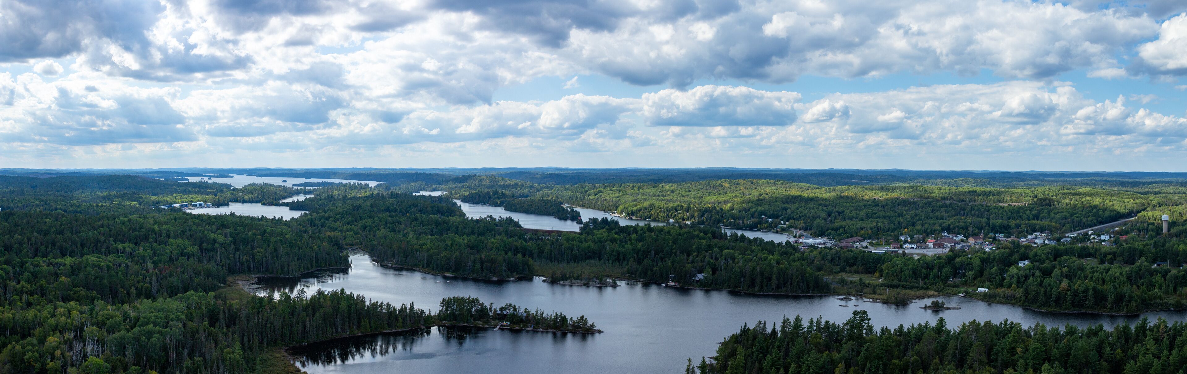 A panoramic view of the small town of Temagami, Ontario, and the surrounding area taken from atop the town's fire tower in the White Bear Forest.