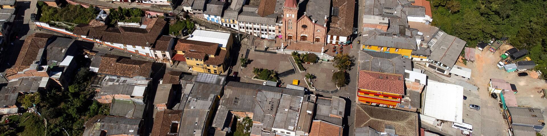 Montebello, Antioquia - Colombia. January 24, 2024. Panoramic with drone of the municipality, with a population of 6680 inhabitants