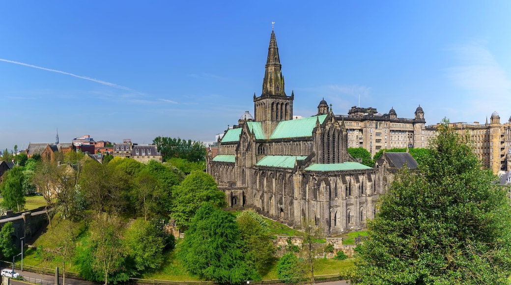 A historic cathedral with a tall spire, surrounded by lush greenery and modern buildings.