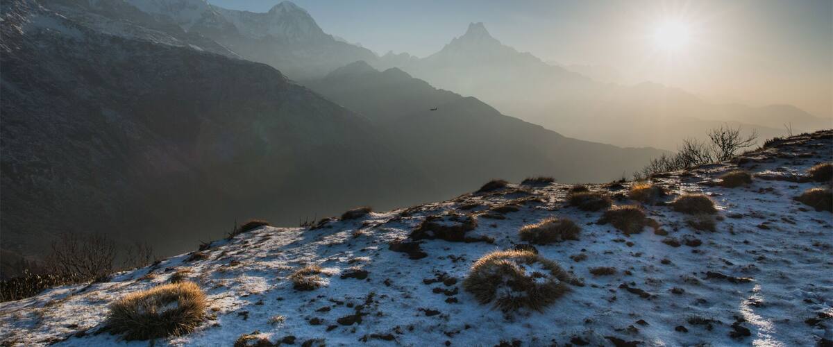 A tiny plane in the great Himalaya.
Three peaks from left to right: Annapurna South (7219m), Hinchuli (6563m), and Machapuchare (7000m)
Shot from Mulde hill, Annapurna Base Camp trekking region, Nepal
