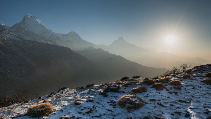A tiny plane in the great Himalaya.
Three peaks from left to right: Annapurna South (7219m), Hinchuli (6563m), and Machapuchare (7000m)
Shot from Mulde hill, Annapurna Base Camp trekking region, Nepal