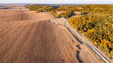 An aerial view of a vast agricultural field with distinct crop patterns and a winding road alongside a forested area with autumn foliage.
