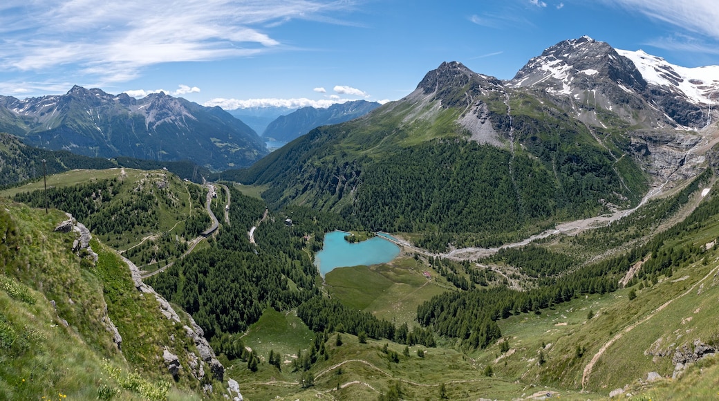 Panoramic view of Alpe Grum, Lake Palu, Lake Poschiavo, Lake Caralin in the Canton of Grisons, Switzerland