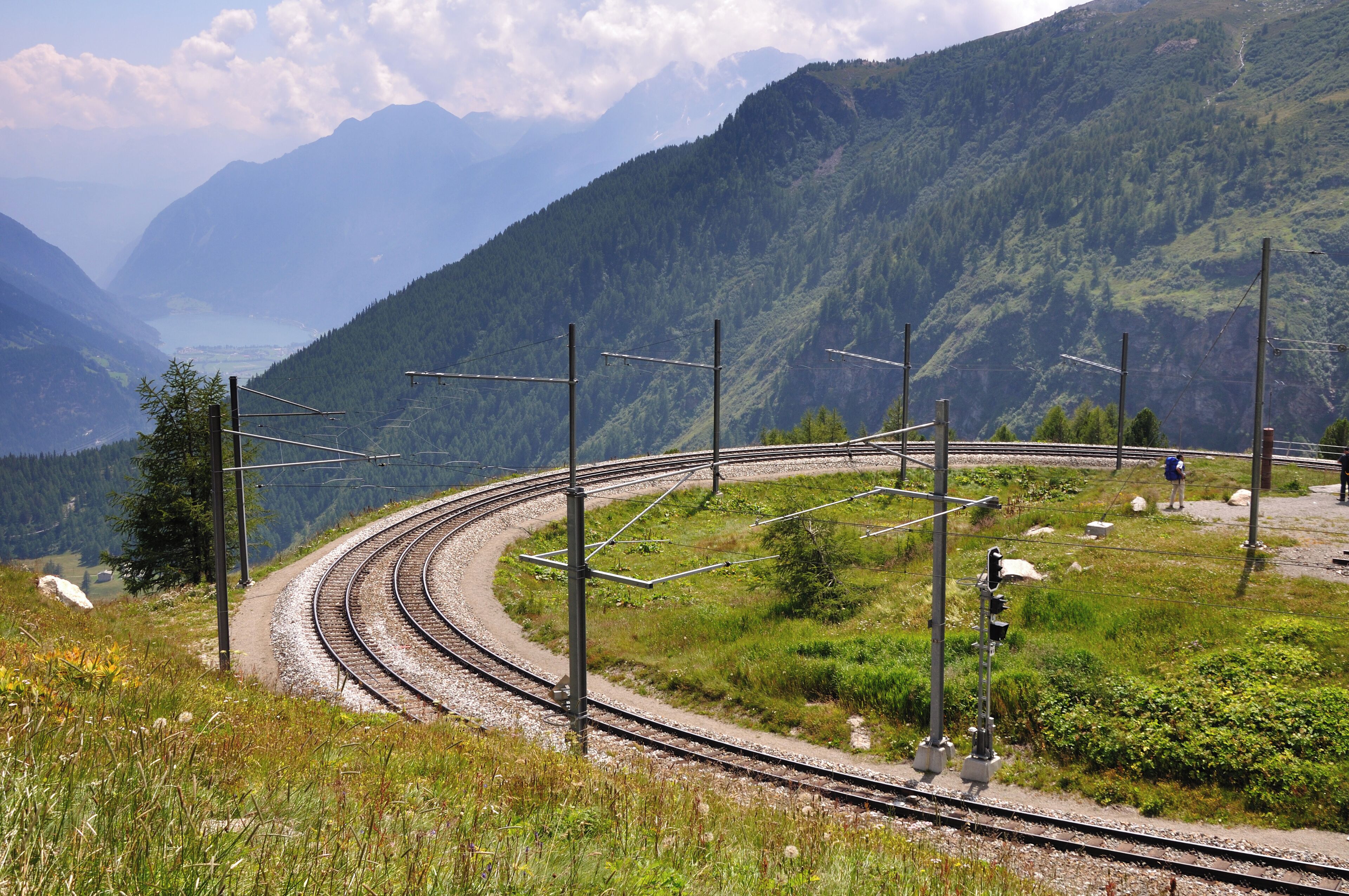 Switzerland, Graubünden, the sharp double track turn on the South side of Alp Grüm station