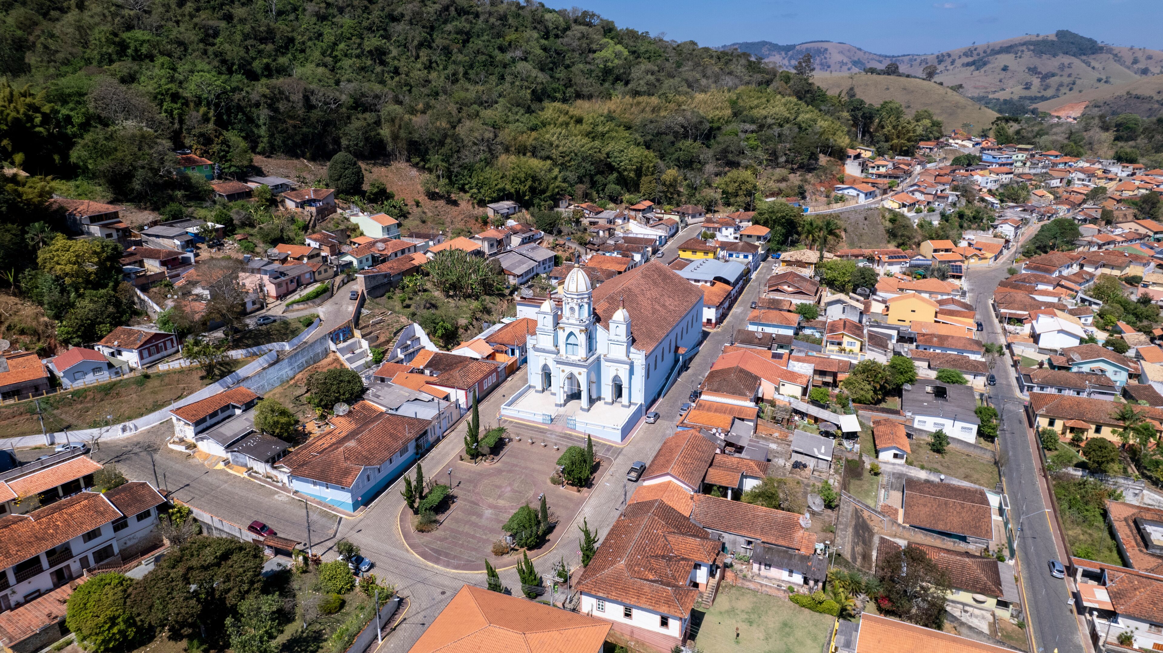 Igreja Matriz in Sao Bento do Sapucai, in the countryside of Sao Paulo. In Serra da Mantiqueira. Aerial view.
