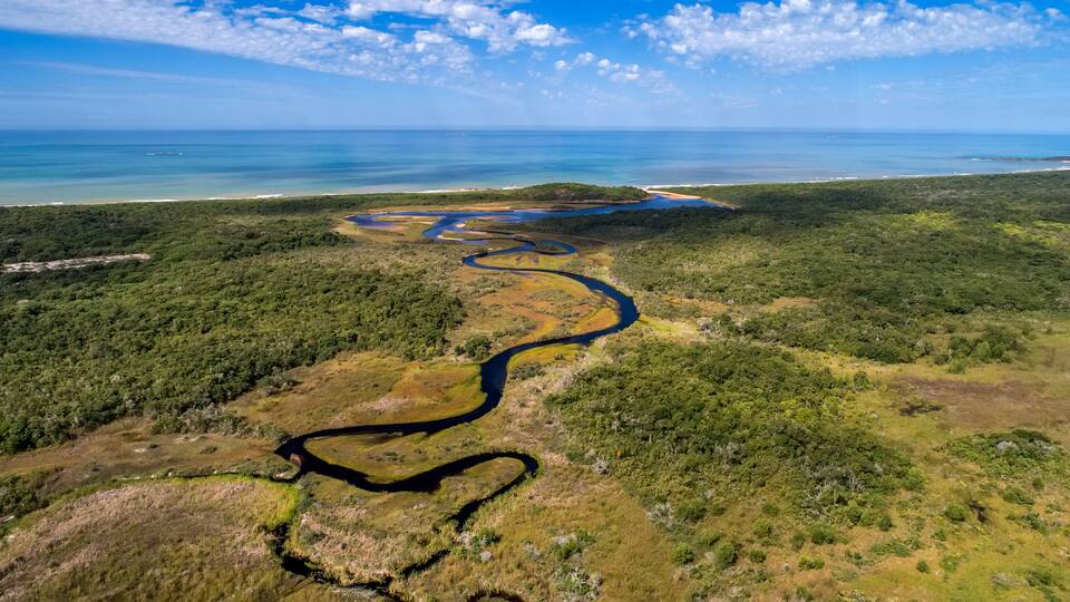 A river winding through a dense forest with a beach and ocean in the background.