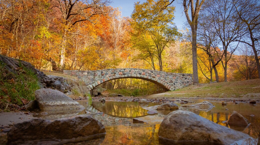 Pedestrian rock bridge over Peas Creek in Ledges State Park, Iowa, during fall