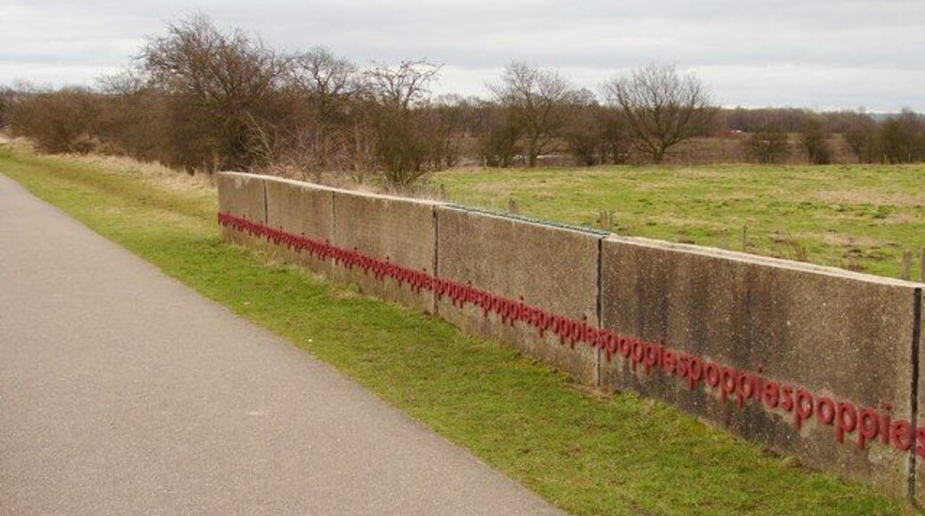 Poppies Artwork by Simon Cutts created from a section of runway from WW2 airfield at RAF Swinderby. The letters are cast from anodised aluminium, the same material from which many of the World War II planes would have been made. The reverse of the wall is an imprint of the earth beneath the Swinderby base.