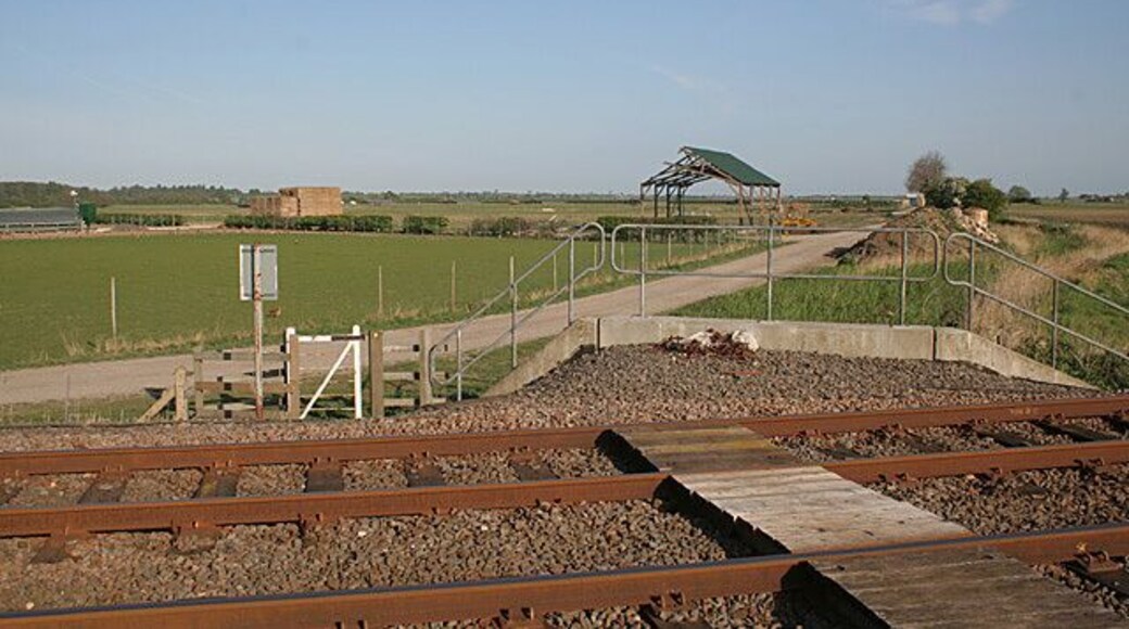 Railway footpath crossing and poultry farm near Kirkby Green The footpath crossing is not quite where it appears on the 1:50000 map; the marked location is correct, and as can be seen, the footpath uses the railway to cross the stream at the same time.
