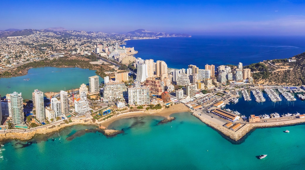 Costa Blanca, Spain. Aerial drone panoramic view of coastal city Calpe with great beaches. Alicante province.