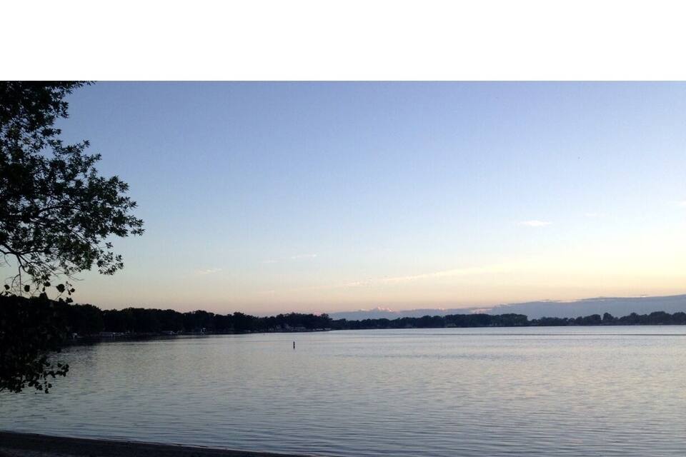 En stilla sjö med en klar himmel, en avlägsen strand och ett träd till vänster.