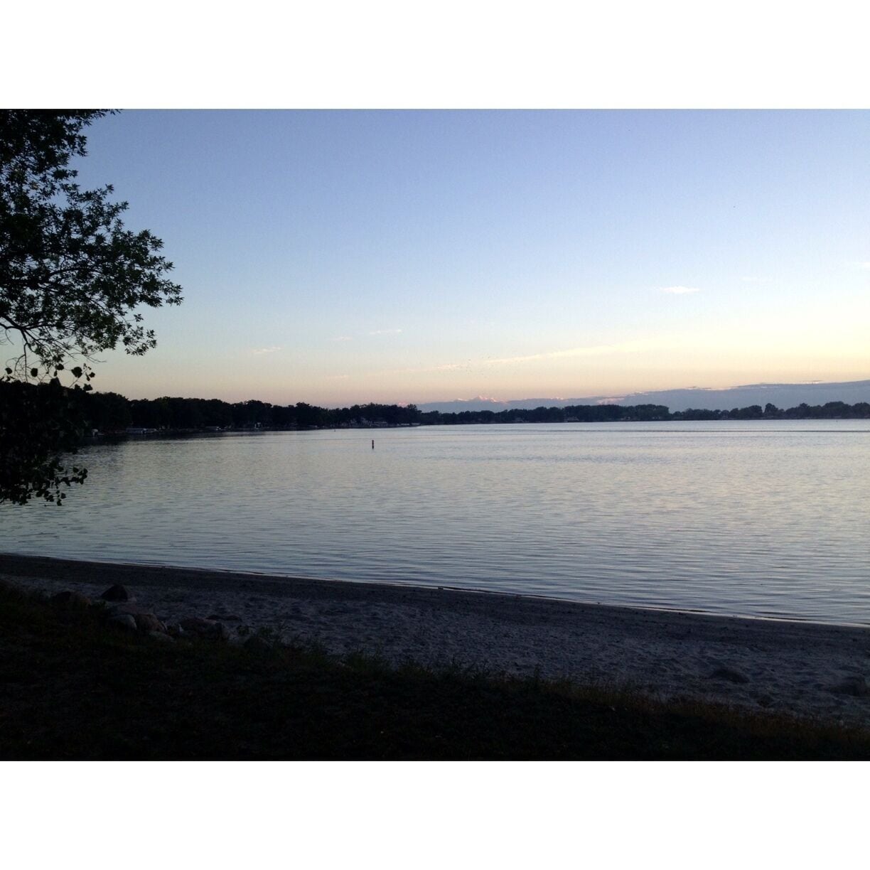 A calm lake with a clear sky, a distant shoreline, and a tree on the left.