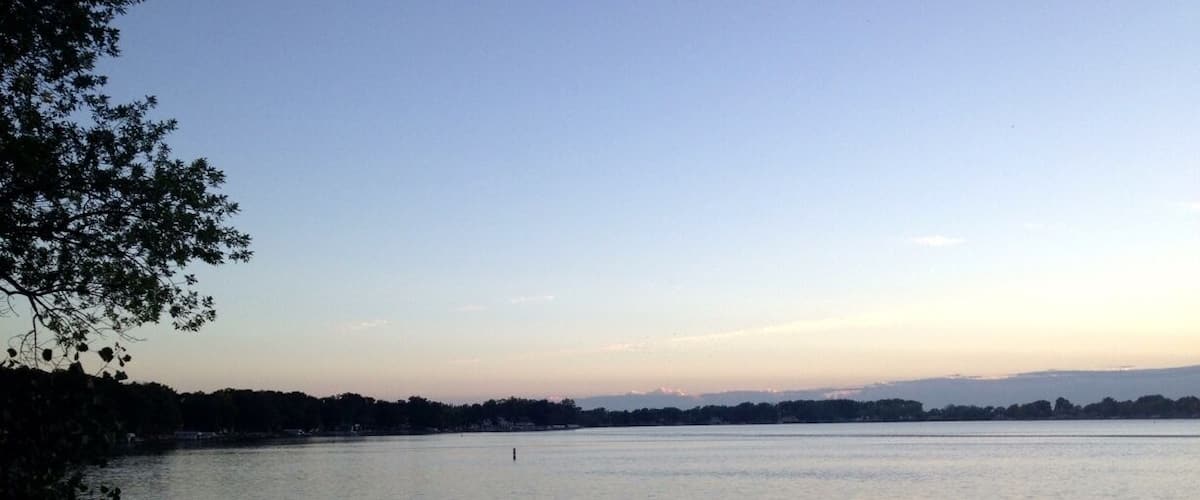 A calm lake with a clear sky, a distant shoreline, and a tree on the left.