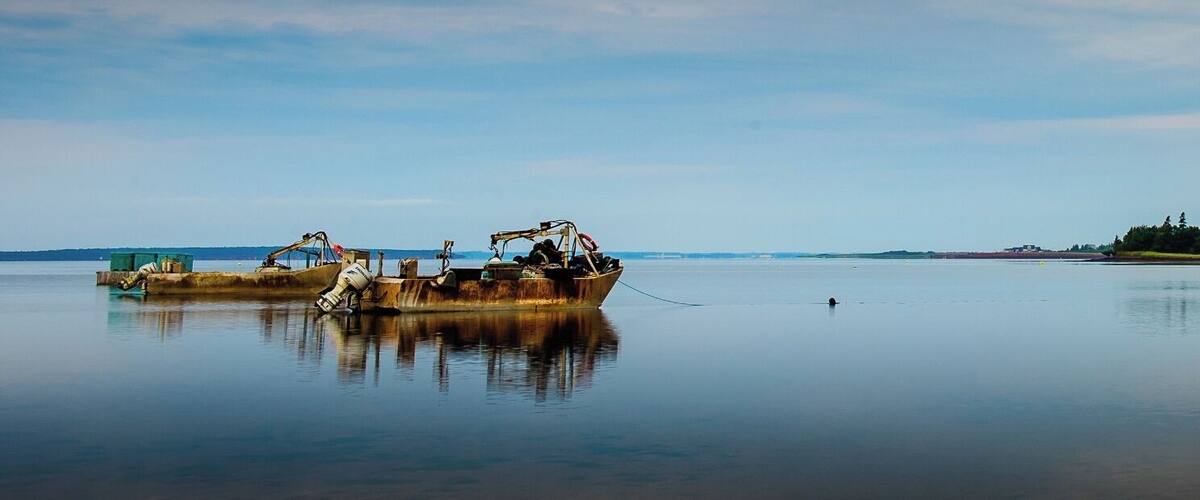 A rusty boat on calm water with a clear sky.