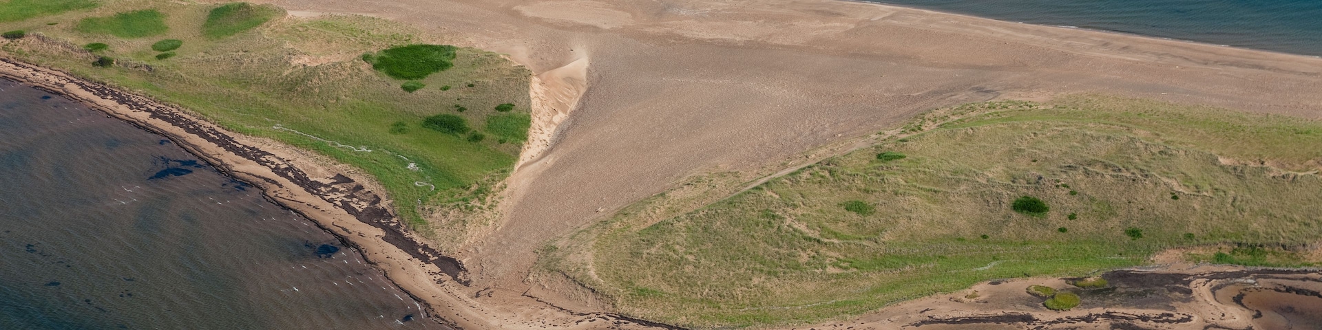 An aerial view of a coastal landscape with a sandy beach, green patches of vegetation, and a clear demarcation between the land and the water.