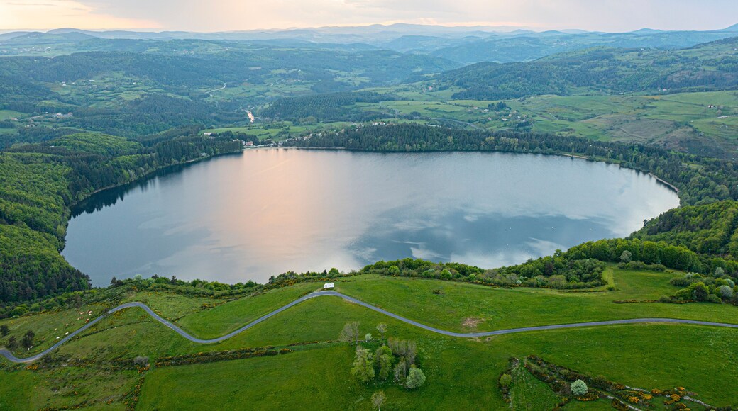 view of Lake Issarles with a motorhome in the foreground, Le Lac-d'Issarles, Ardeche, Auvergne-Rhône-Alpes, France