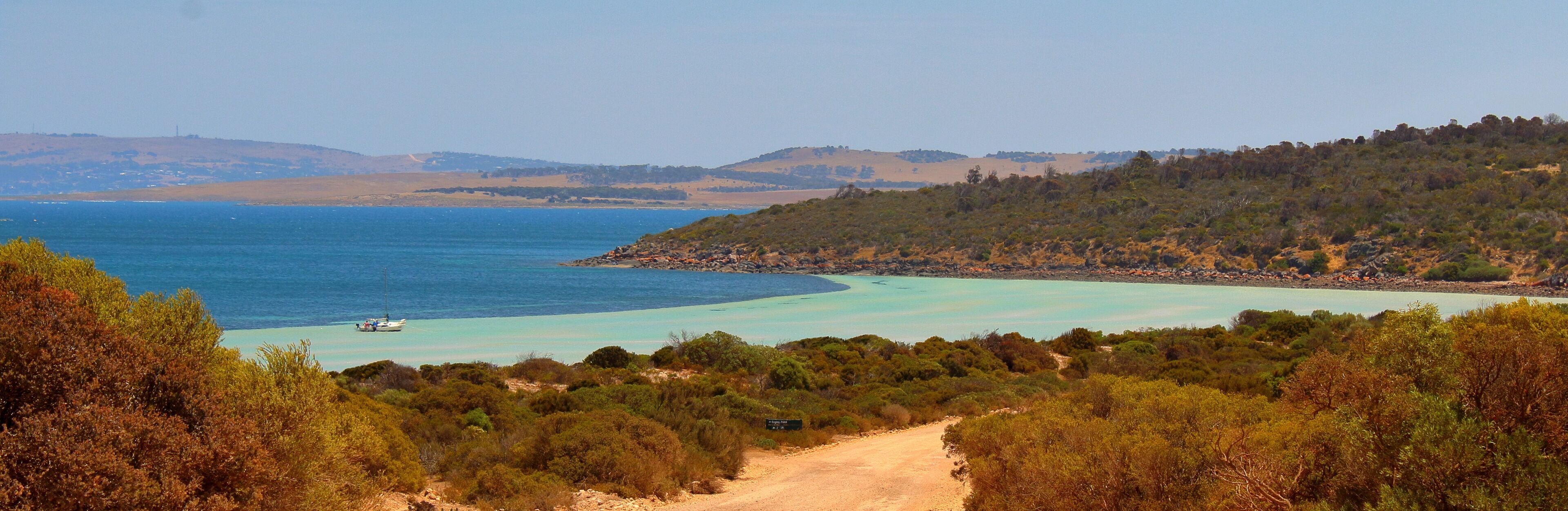 A coastal landscape with a clear turquoise sea, a dirt path, and dense green vegetation.