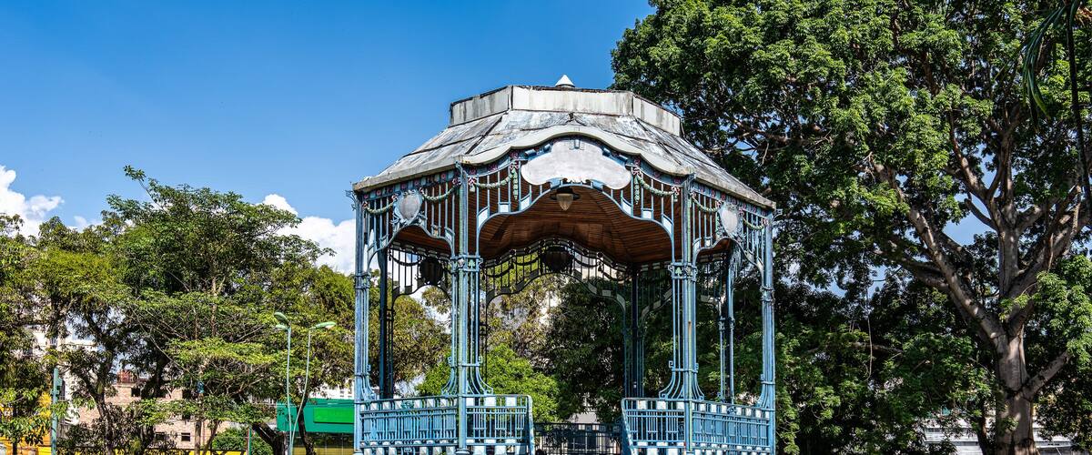 A gazebo with a wooden roof and blue metal railings in a park.