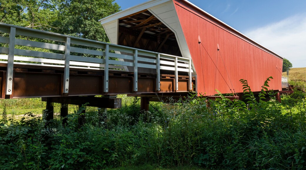 An Old Red and White Covered Bridge.