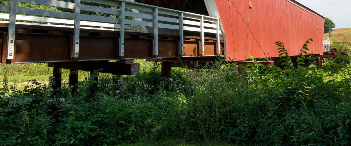 An Old Red and White Covered Bridge.