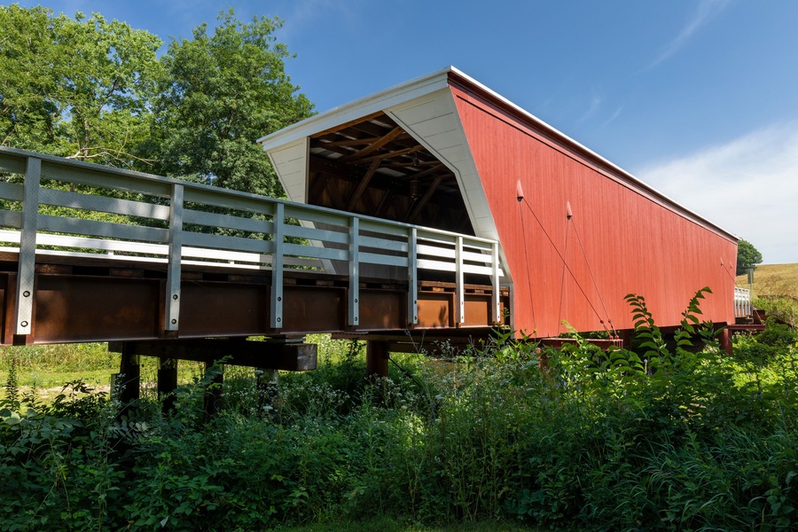 An Old Red and White Covered Bridge.