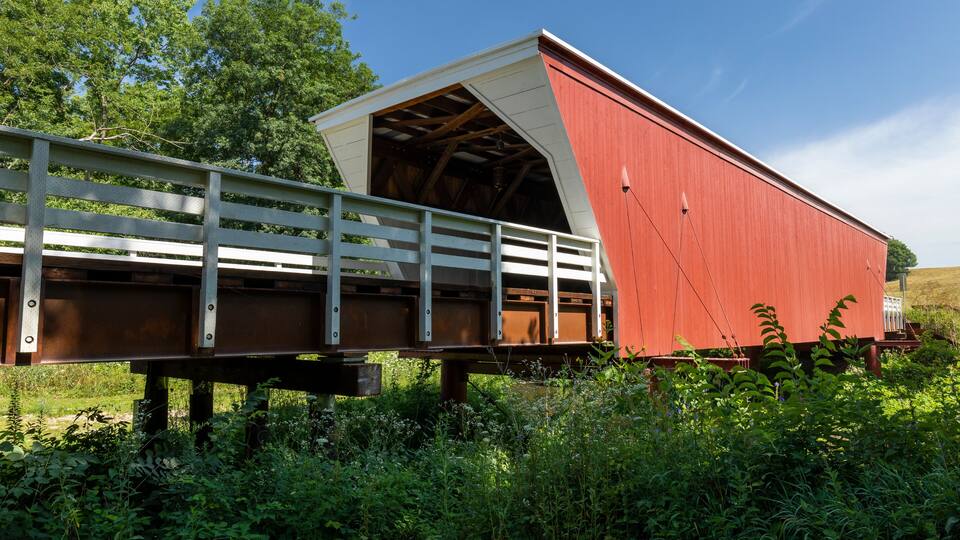 An Old Red and White Covered Bridge.