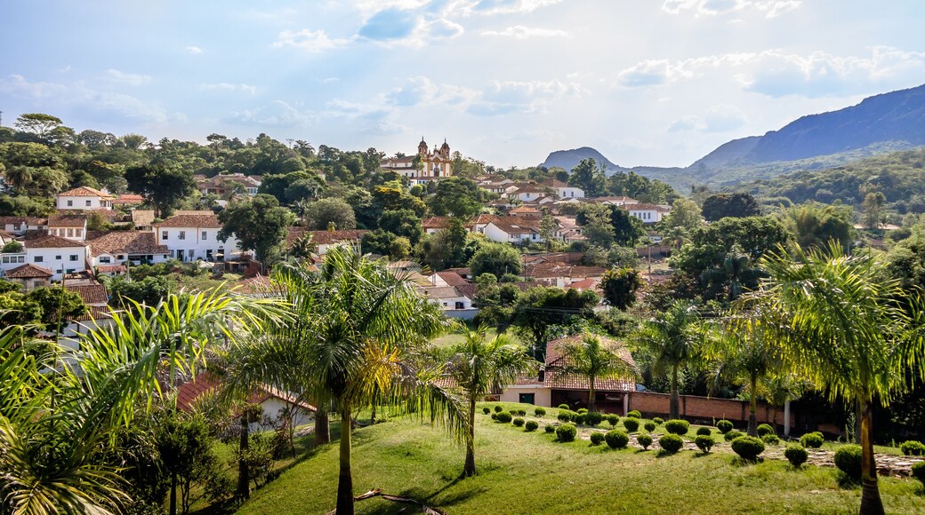 Street view of Sao Joao del Rei with Nossa Senhora do Carmo Church on backgound - Sao Joao Del Rei, Minas Gerais, Brazil