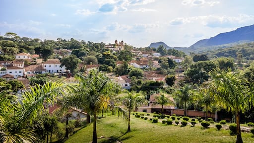 Street view of Sao Joao del Rei with Nossa Senhora do Carmo Church on backgound - Sao Joao Del Rei, Minas Gerais, Brazil