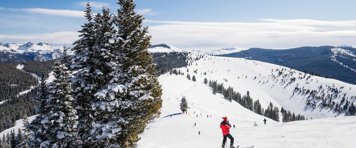A snowy mountain landscape with a skier in a red jacket.