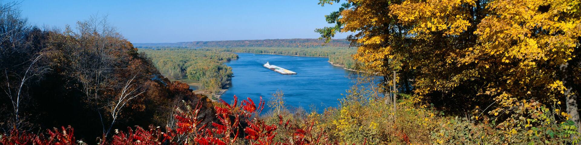 Barge on Mississippi River in Autumn, Great River Road, Iowa