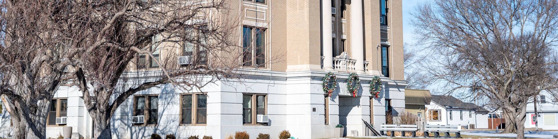 Outside view of the Sheridan County Courthouse in Hoxie, Kansas, USA. A historic old building.