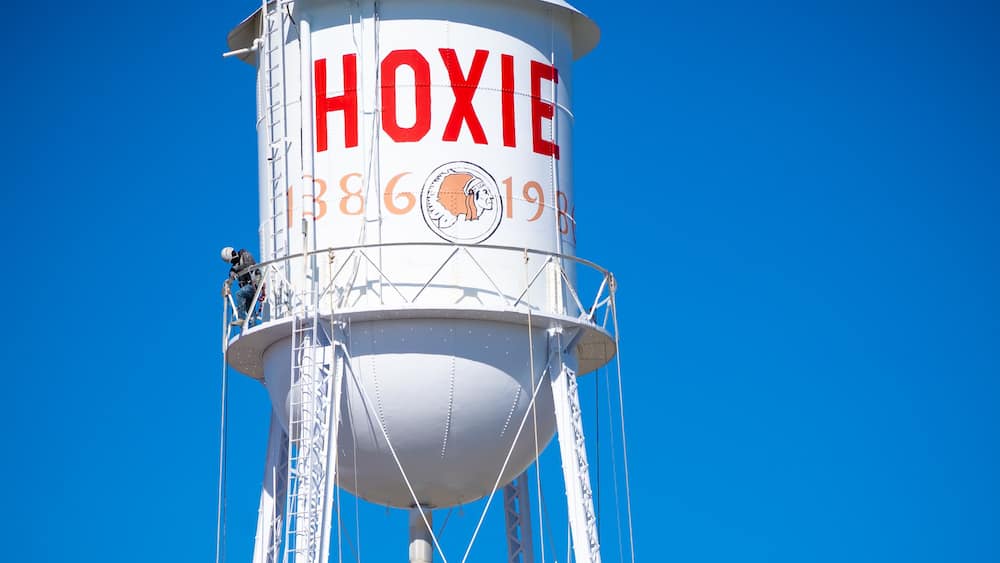 A water tower with the name "HOXIE" and the number "38619" on its side.