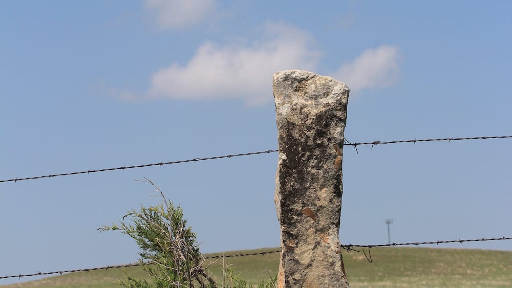Stone post fence with green grass and blue sky with clouds north of Lucas Kansas USA out in the country.