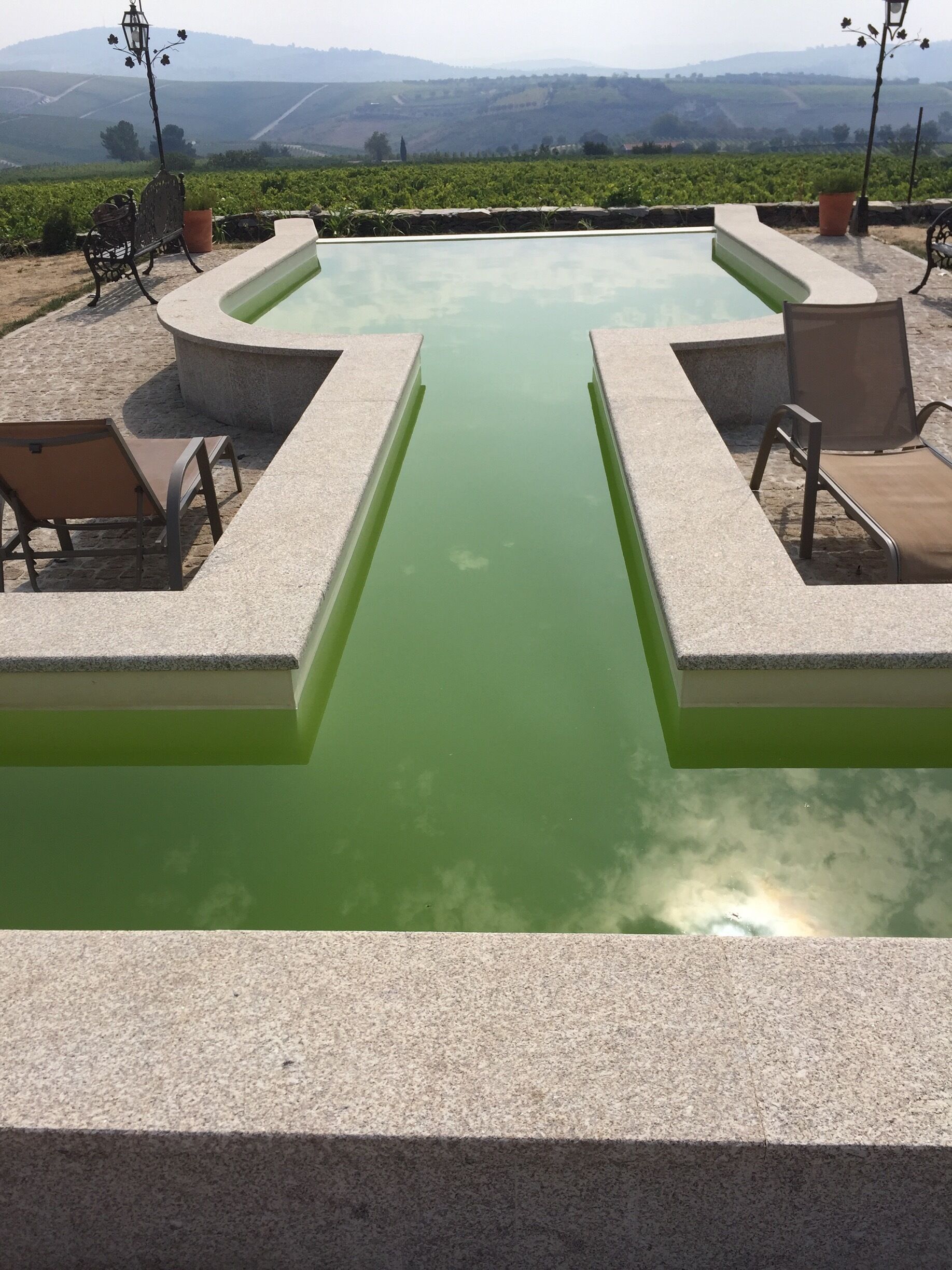 A swimming pool with a greenish water feature, surrounded by stone benches and chairs, set against a backdrop of vineyards and distant hills.
