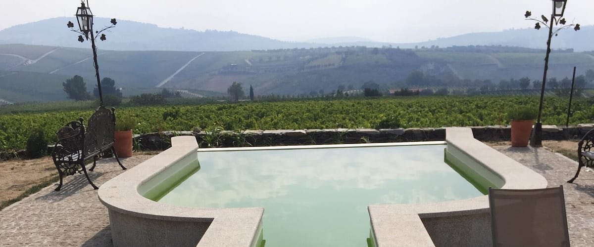 A swimming pool with a greenish water feature, surrounded by stone benches and chairs, set against a backdrop of vineyards and distant hills.