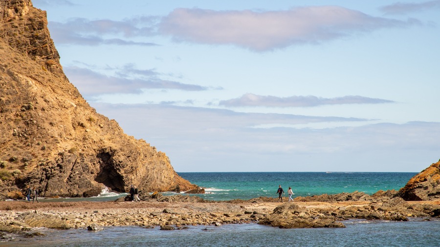 A rocky coastline with cliffs and a clear blue sea.