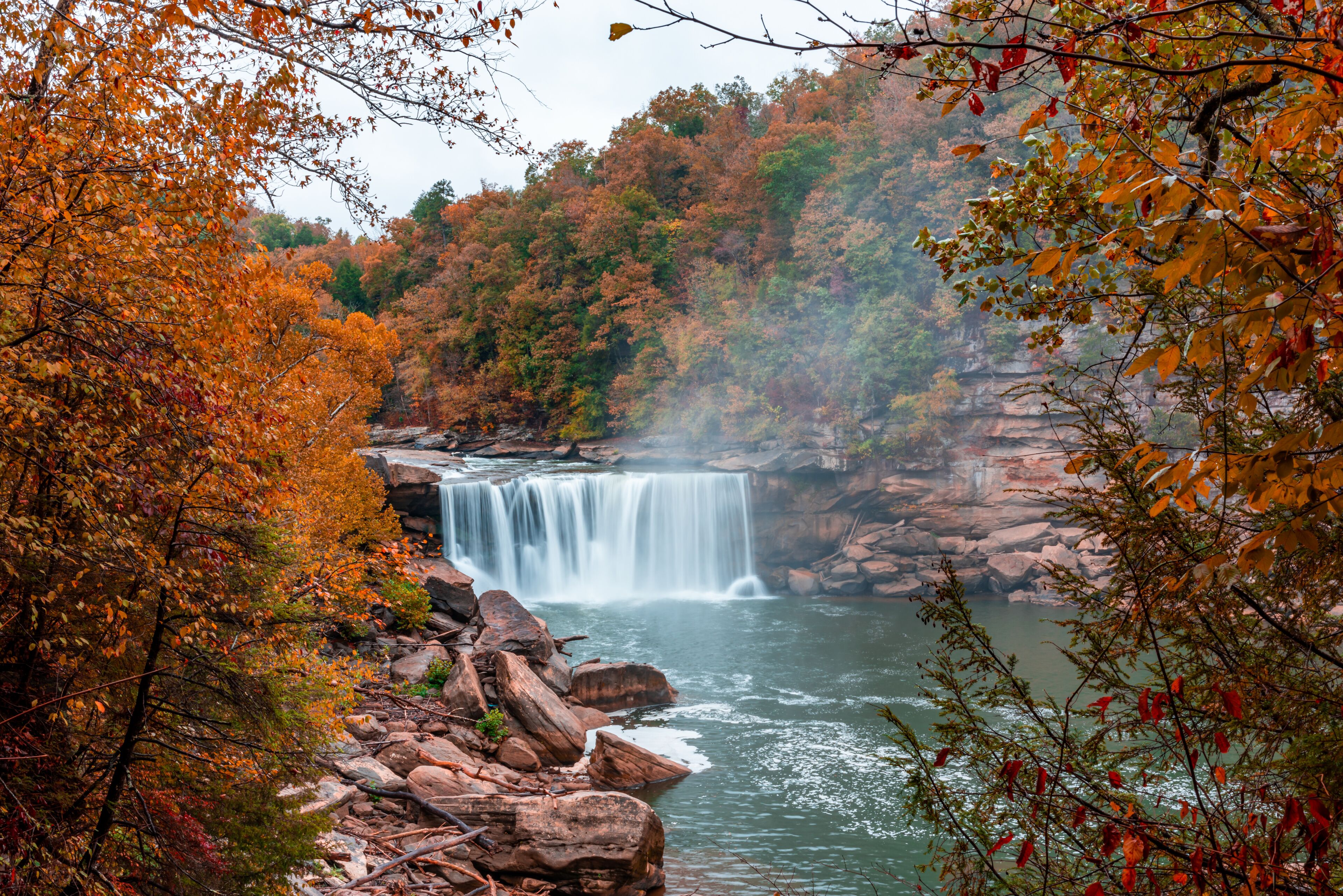 A waterfall surrounded by autumn foliage.