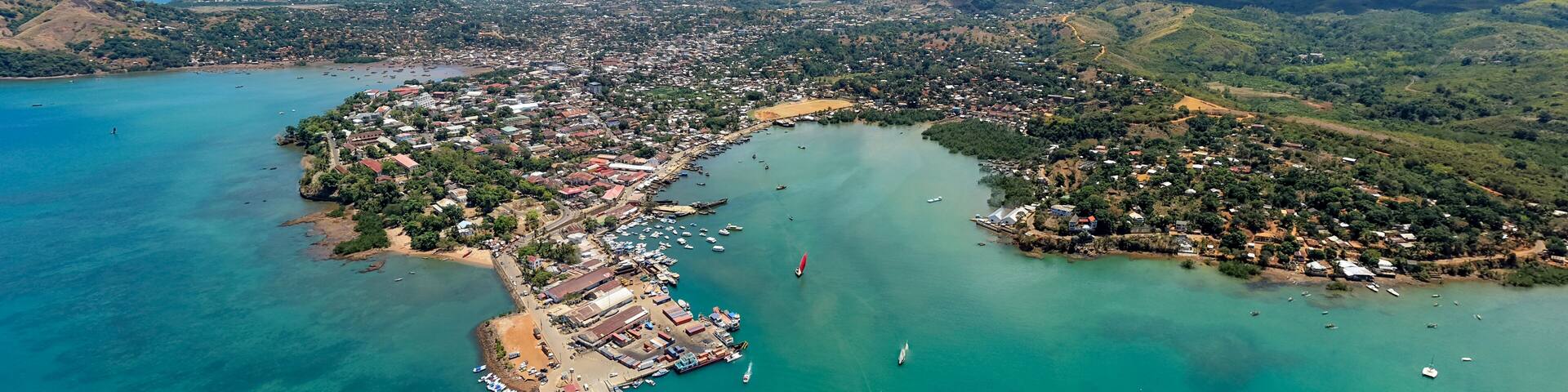Aerial view of Hell-Ville harbor and port, Nosy Be, Madagascar