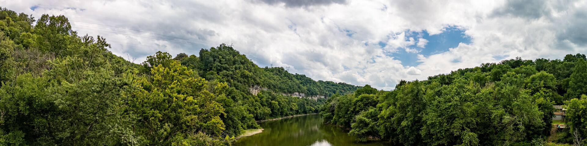 Aerial panorama of the Kentucky River valley near Harrodsburg in the Bluegrass region.