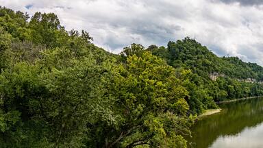 Aerial panorama of the Kentucky River valley near Harrodsburg in the Bluegrass region.