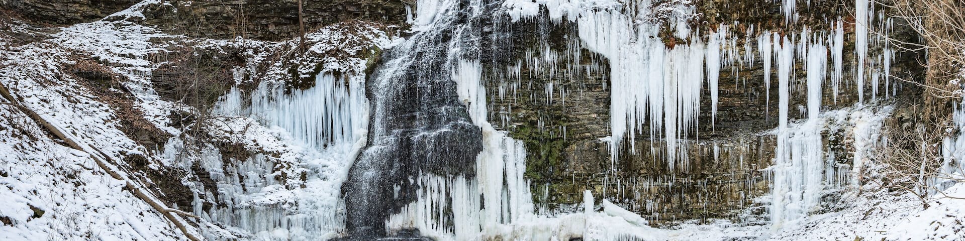 Panorama View of Tiffany Falls Frozen in winter, Hamilton, Ontario, Canada