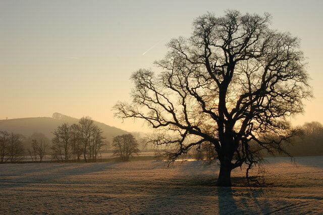 Frosty morning near New Bridge, Taw Valley, near Barnstaple. View from New Bridge across the Taw Valley. The River Taw can be seen in the distance.