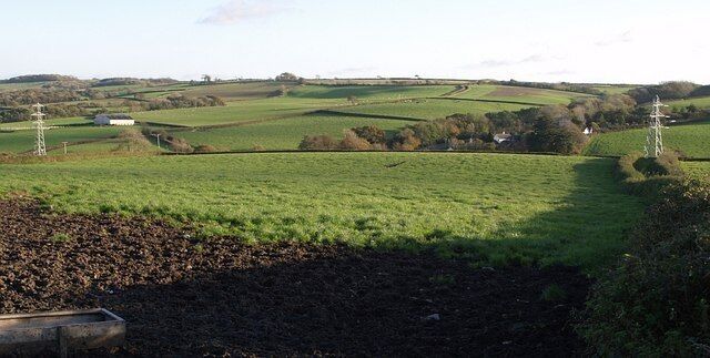 Stonyland from the north. Partly hidden by the slope of the field, the buildings in the valley at Stonyland are close to the bridge shown in 601142. Beyond, the lane to Charlacott Cross climbs round a bend (the point where 599127 and other photos were taken), past a barn and a small tree (see 601121).