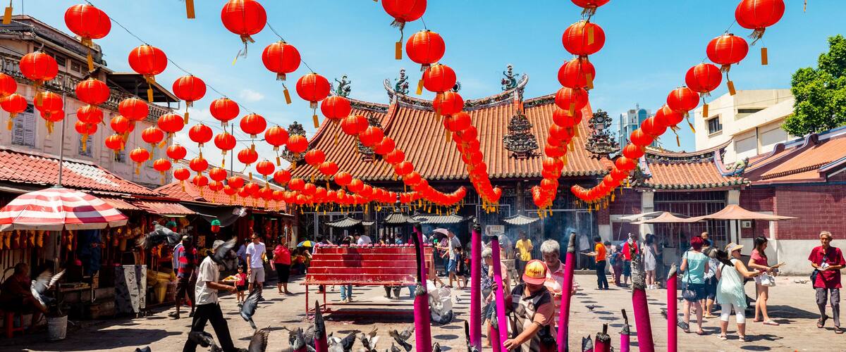 A bustling street with red lanterns, traditional architecture, and pigeons.